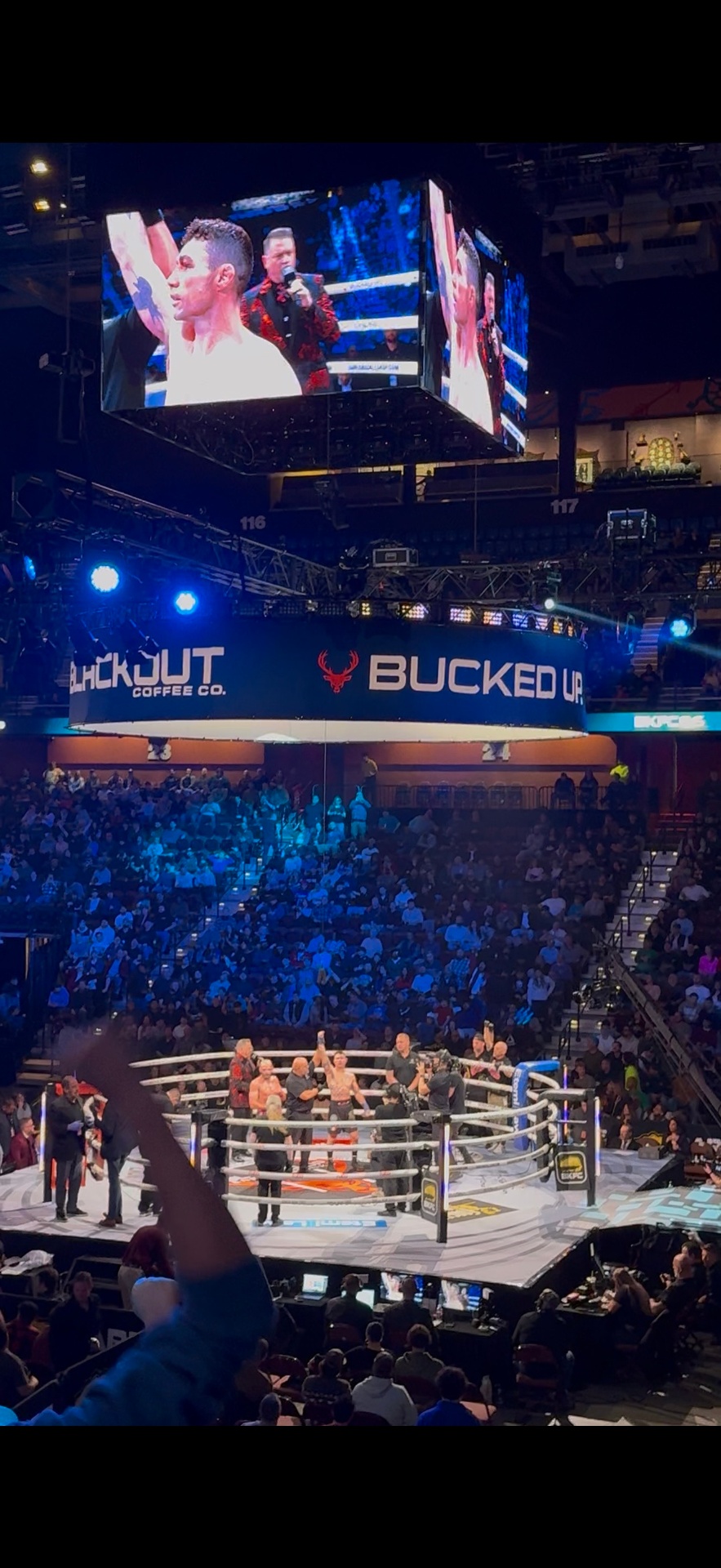 Joey Gambino on the arena big screen at Mohegan Sun after his BKFC debut