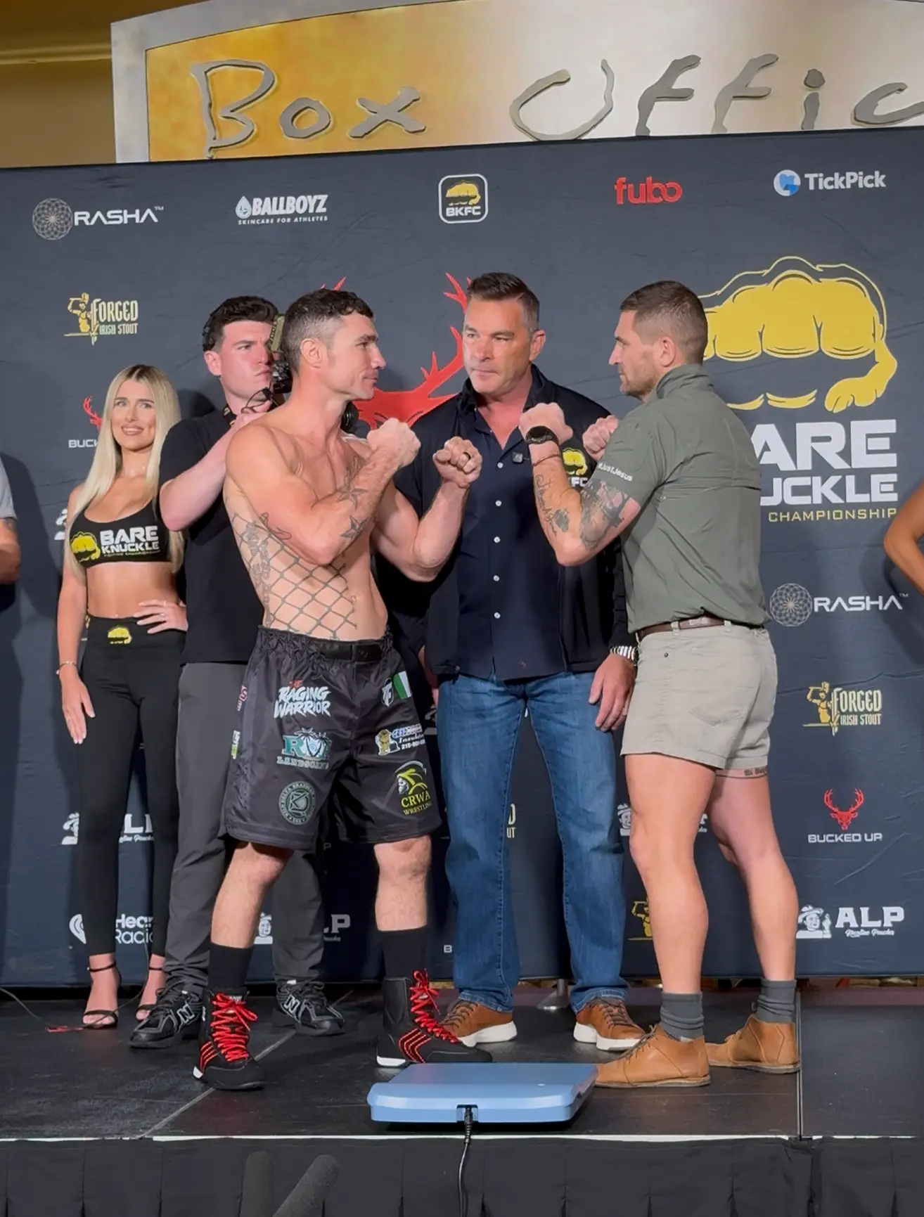 Joey Gambino facing off with Tommy Strydom at the BKFC weigh-in