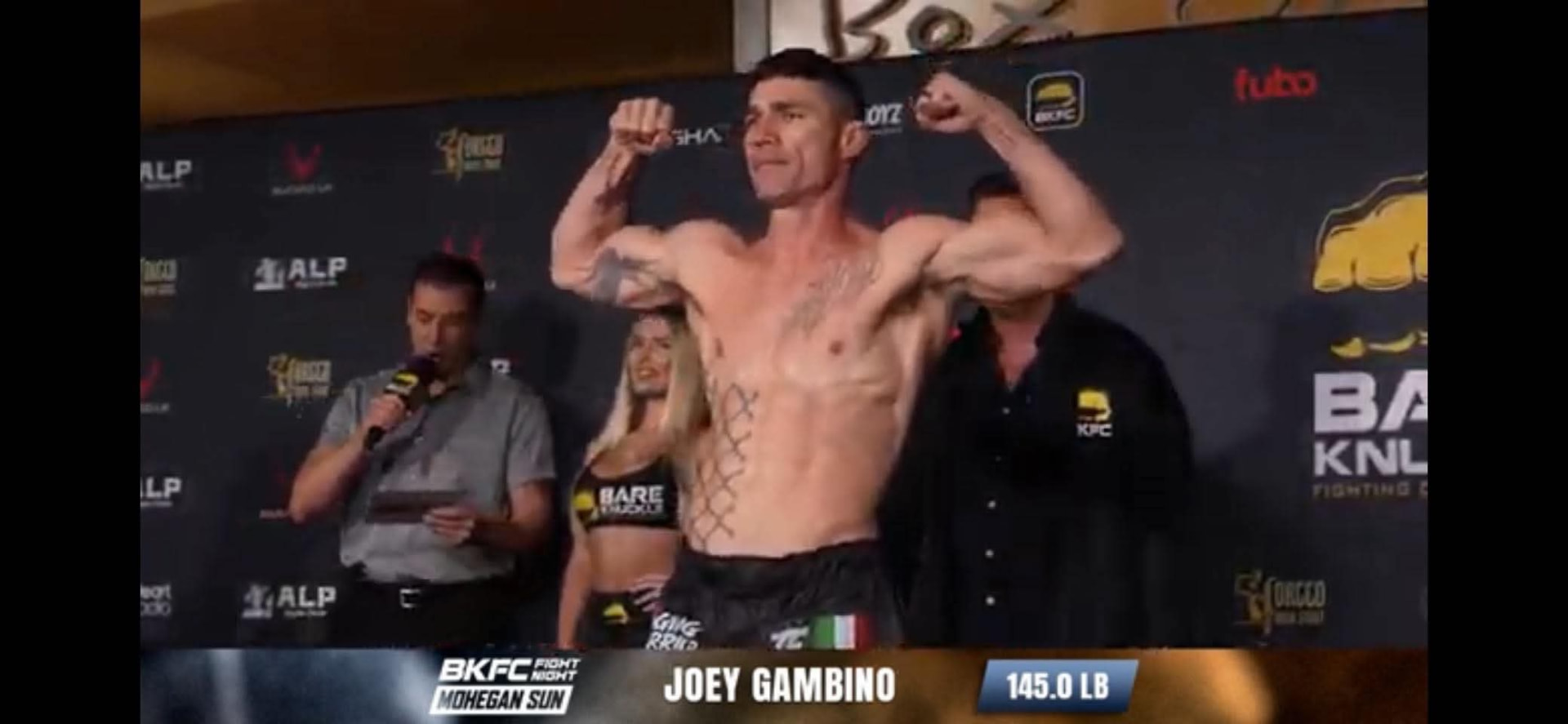 Joey Gambino on the BKFC Fight Night broadcast weighing in at 145 pounds